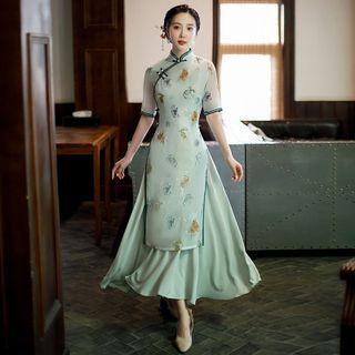 Elbow-sleeve Print Maxi A-line Qipao Dress