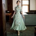 Elbow-sleeve Print Maxi A-line Qipao Dress