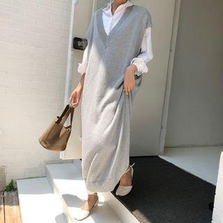 V-neck Knit Sleeveless Dress Gray - One Size