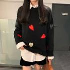Heart Embroidered Sweater Black - One Size