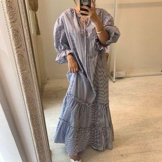 Long-sleeve Striped Maxi Dress Stripes - Black & White - One Size