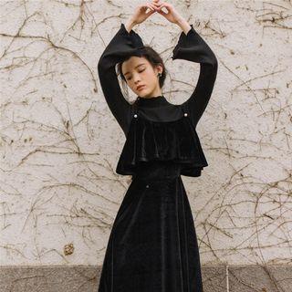 Set: Mock-turtleneck Knit Top + A-line Midi Velvet Pinafore Dress