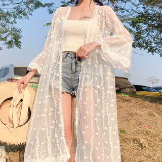 Lace Open Front Long Jacket White - One Size