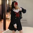 Set: Sailor Collar Cropped Jacket + Pleated Mini A-line Skirt