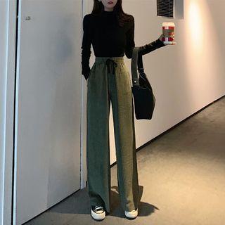 Set: Long-sleeve Mock-neck Top + Wide-leg Pants