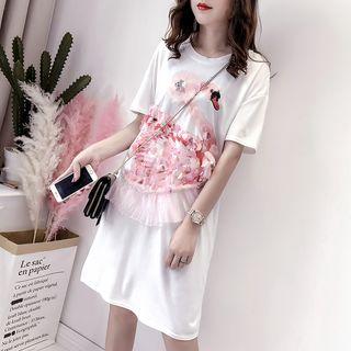 Short-sleeve Embellished Swan Print T-shirt Dress