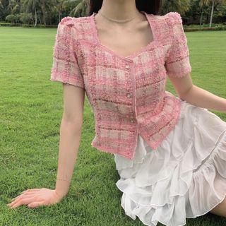 Short-sleeve Tweed Button-up Top / Tiered Mini Skirt