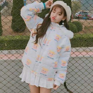 Cartoon Print Hooded Padded Jacket White - One Size
