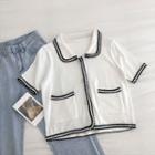 Color-block Trim Single-breasted Short-sleeve Knit Top White - One Size