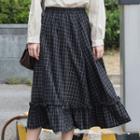 Plaid Midi A-line Skirt Check - Black - One Size