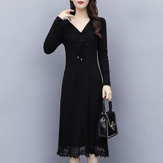 Lace Hem Long-sleeve Midi Knit Dress