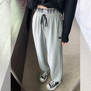 Plaid Panel Drawstring Wide Leg Sweatpants