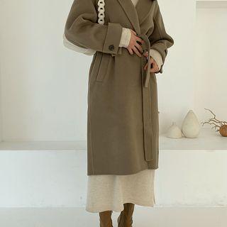 Wool Blend Long Coat With Sash Brown - One Size