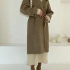 Wool Blend Long Coat With Sash Brown - One Size