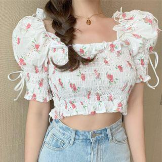 Short-sleeve Embroidered Cropped Blouse White - One Size