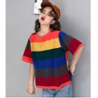 Round-neck Wide Top Rainbow Panel Striped T Shirt