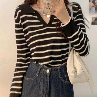 Long-sleeve V-neck Striped Polo Knit Top