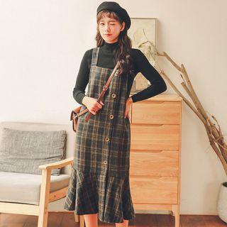 Plaid Buttoned Midi Pinafore Dress / Mock-turtleneck Knit Top
