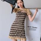 Puff-sleeve Crop Top / Spaghetti Strap Argyle Print Mini Dress