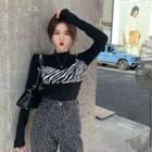 Mock Two-piece Zebra Pattern Stand Collar Long-sleeve Top