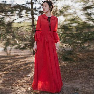 Dotted Flared-sleeve Maxi A-line Dress