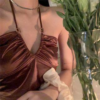 V-neck Plain Halter Sleeveless Top Brown - One Size