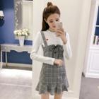 Set: Heart Embroidered Long-sleeve Knit Top + Plaid Pinafore Dress
