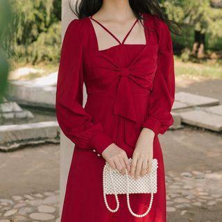 Long-sleeve Bow Plain Midi Dress