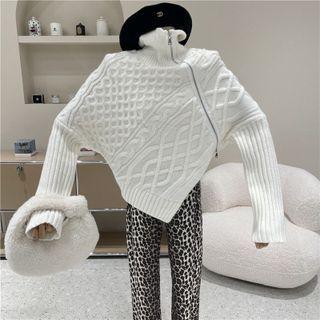 Long-sleeve V-neck Asymmetric Cable-knit Sweater