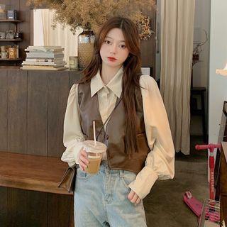 Puff-sleeve Shirt / Faux Leather Vest
