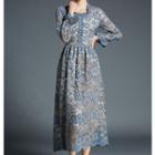 Long-sleeve Midi A-line Floral Lace Dress