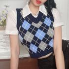 Wrap Crop Shirt / Short-sleeve Shirt / Argyle Cropped Sweater Vest
