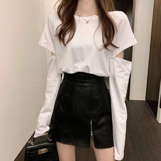 Cut-out Long-sleeve T-shirt / Mini A-line Skirt