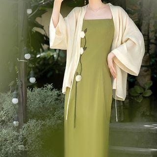 Set: Light Cardigan + Spaghetti Strap Floral Sheath Dress