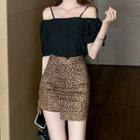 Short Sleeve Off-shoulder Striped Top / High Waist Leopard Asymmetrical Hem Mini Fitted Skirt