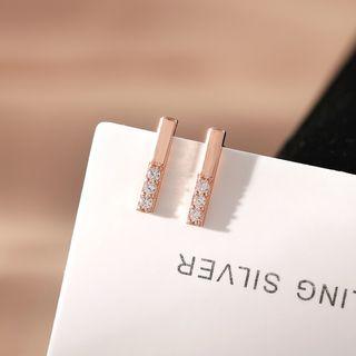 925 Sterling Silver Rhinestone Bar Earrings 1 Pair - As Shown In Figure - One Size