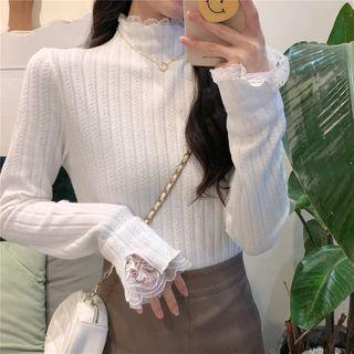 Long-sleeve Turtleneck Lace-trim Top