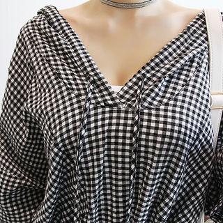 Drawstring-waist Hooded Gingham Dress