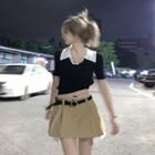 Short-sleeve Collared Top / Mini Skirt / Belt / Set