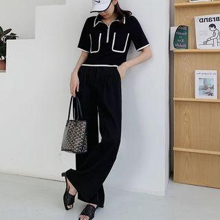Contrast Trim Blouse + High-waist Pleated Skirt