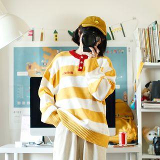 Stripe Half-placket Lettering Knit Pullover