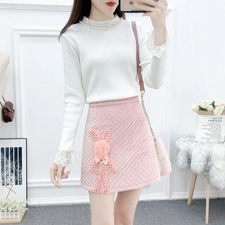 Set: Lace-panel Knit Top + Beaded Skirt