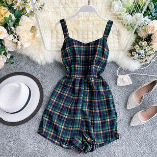 Plaid Suspender Playsuit