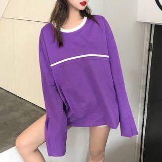 Long-sleeve Contrast Trim T-shirt Purple - One Size