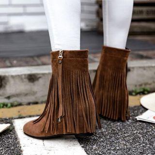Velvet Fringed Hidden Wedge Short Boots