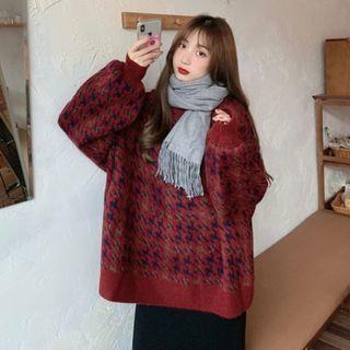 Long-sleeve Plaid Semi High-neck Sweater