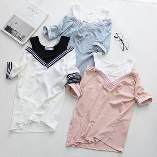Contrast Trim Short-sleeve Mock Two-piece T-shirt