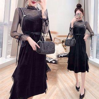 Set: Bell-sleeve Mesh Top + Spaghetti Strap Midi Velvet Dress