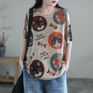 Elbow-sleeve Cat Print Knit Top