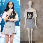 Short-sleeve Printed T-shirt / Flap Denim Skirt